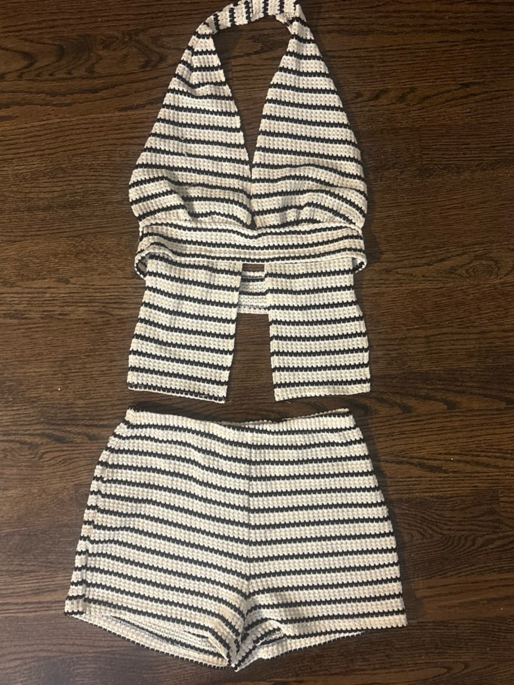 Striped Knit Two-Piece Shorts Set - Cream & Black